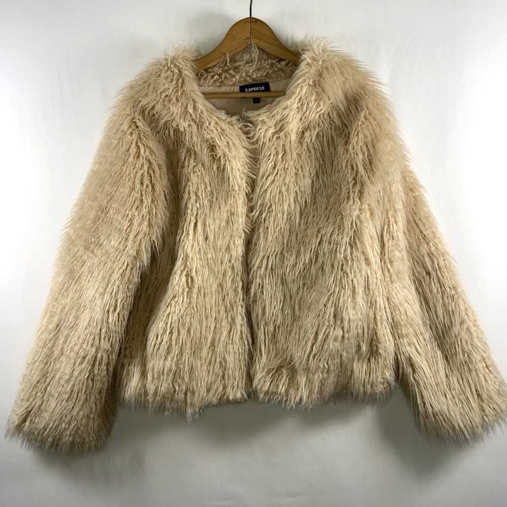 Express Womens Shaggy Faux Fur Cropped Jacket Sz S Blush Pink Indie Sleaze Glam